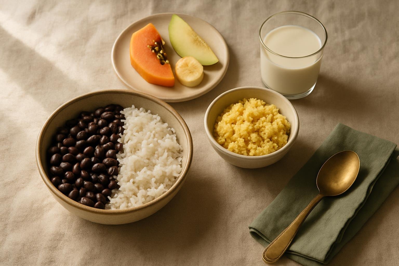 Mesa de linho com feijão, arroz, ovos mexidos com cuscuz, frutas e um copo de leite sob luz natural suave.