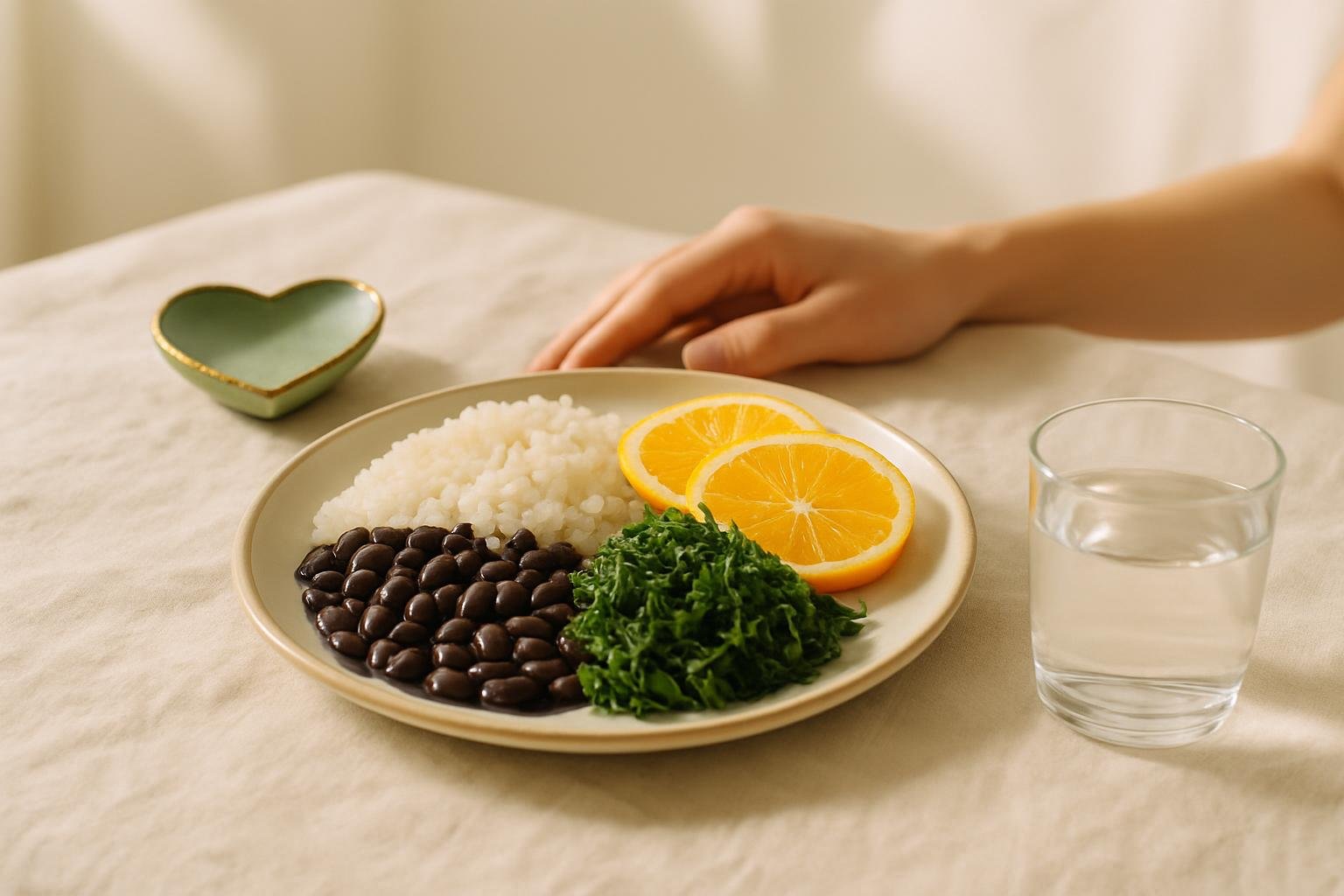 Prato simples com arroz, feijão, couve e laranja sobre linho, ao lado de um pequeno coração de cerâmica verde com borda dourada.