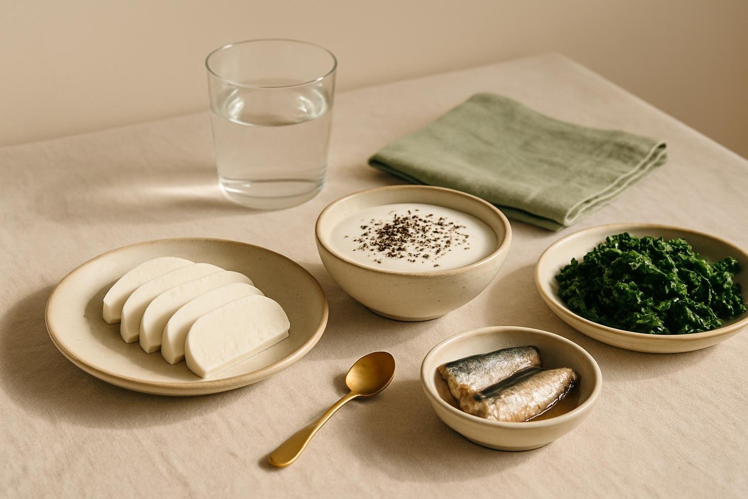 Mesa de linho com queijo branco, iogurte com sementes, couve refogada e sardinhas, em luz natural suave e tons de verde e creme.